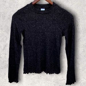 NWT Nordstrom Junior Ruffled Ribbed Velour-Feel Long Sleeve Top, Black |L(10/12)